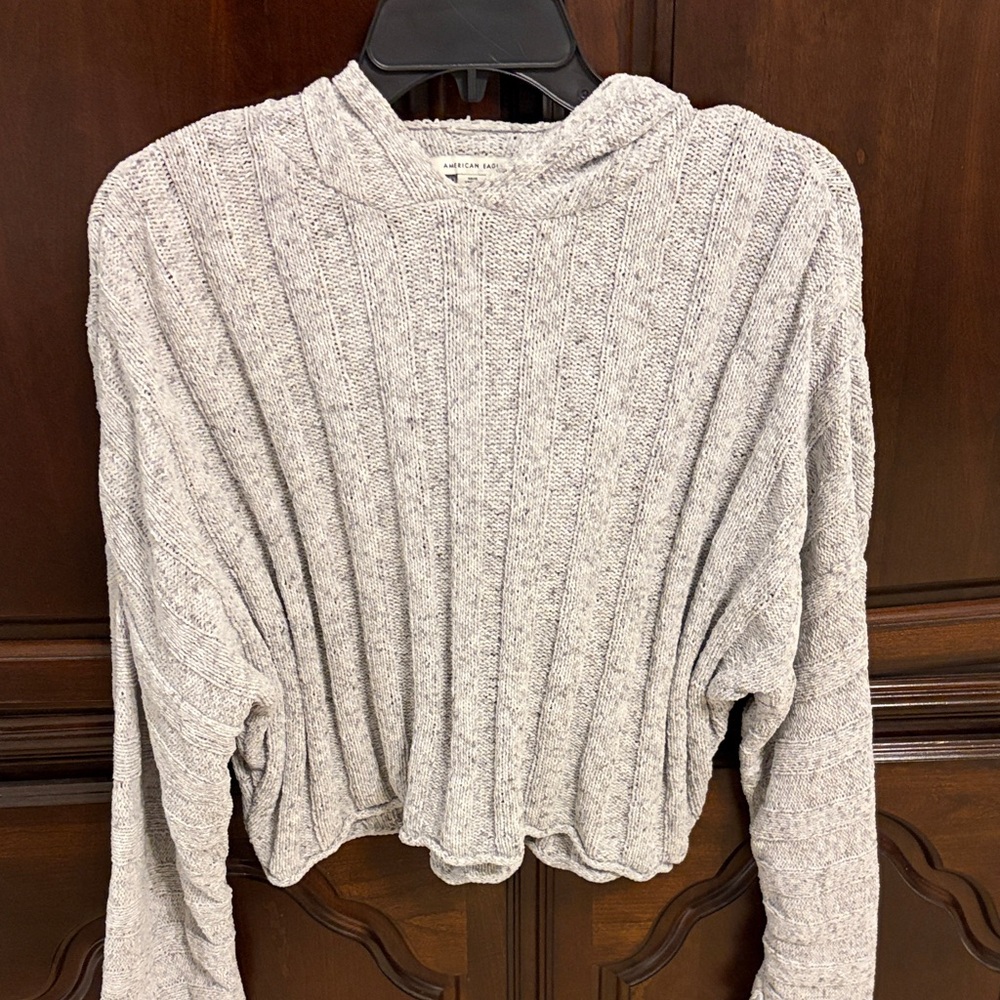 American Eagle Outfitters Heather Gray Ribbed Hoodie Sweater
